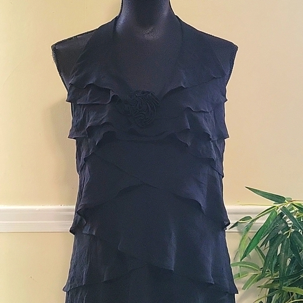 Black Tiered Asymmetrical Ruffle Halterneck dress. Size 10